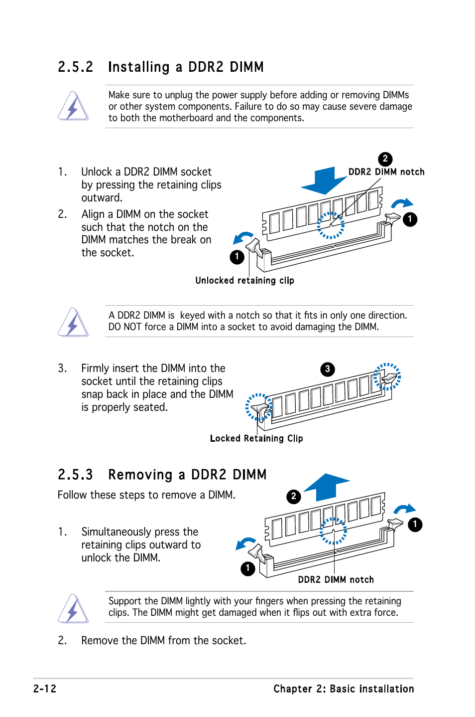 3 removing a ddr2 dimm, 2 installing a ddr2 dimm | Asus V3-P5G965 User Manual | Page 30 / 100