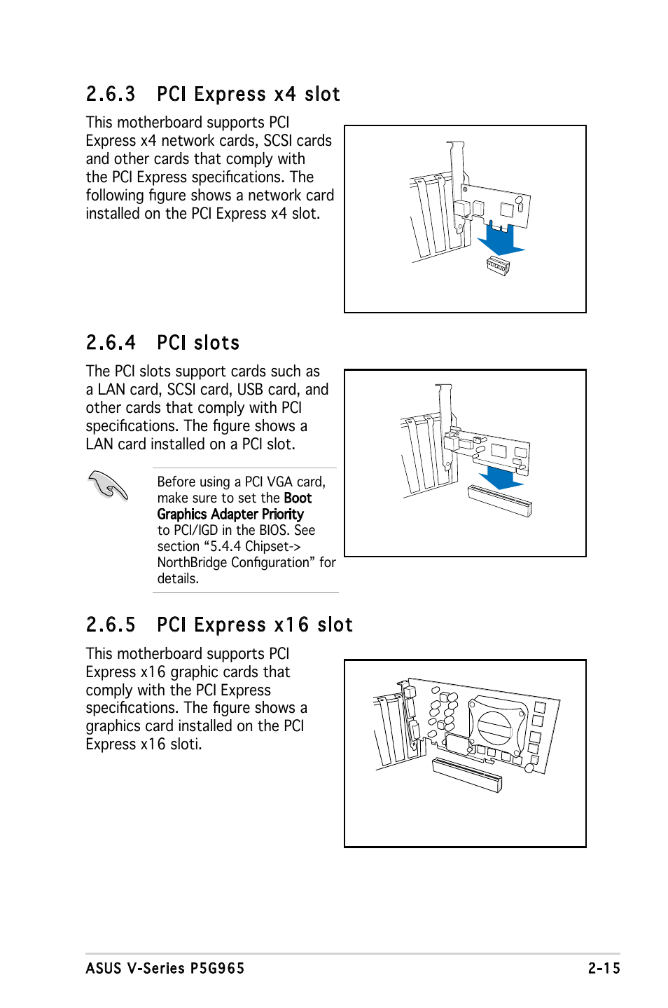 4 pci slots, 3 pci express x4 slot, 5 pci express x16 slot | Asus V3-P5G965 User Manual | Page 33 / 100