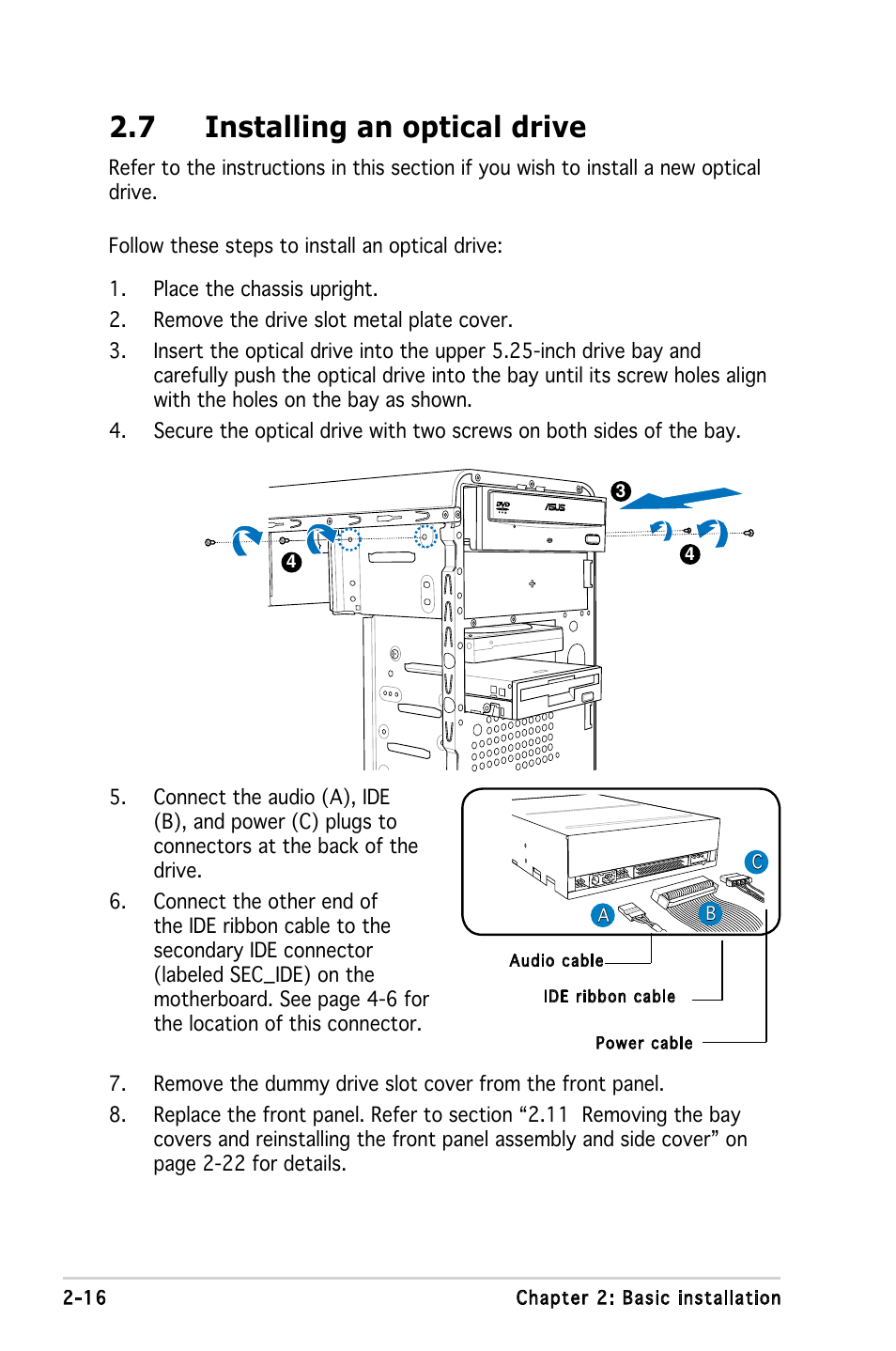 7 installing an optical drive | Asus V3-P5G965 User Manual | Page 34 / 100