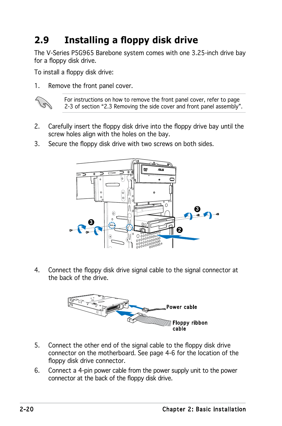 9 installing a floppy disk drive | Asus V3-P5G965 User Manual | Page 38 / 100