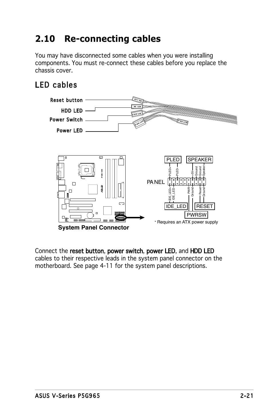 10 re-connecting cables, Led cables, System panel connector | Asus V3-P5G965 User Manual | Page 39 / 100