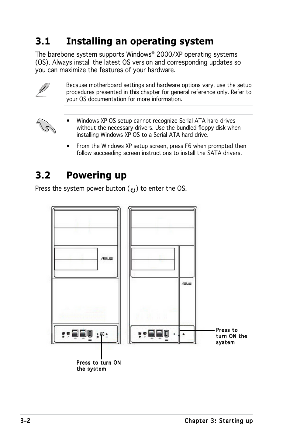 1 installing an operating system, 2 powering up | Asus V3-P5G965 User Manual | Page 42 / 100