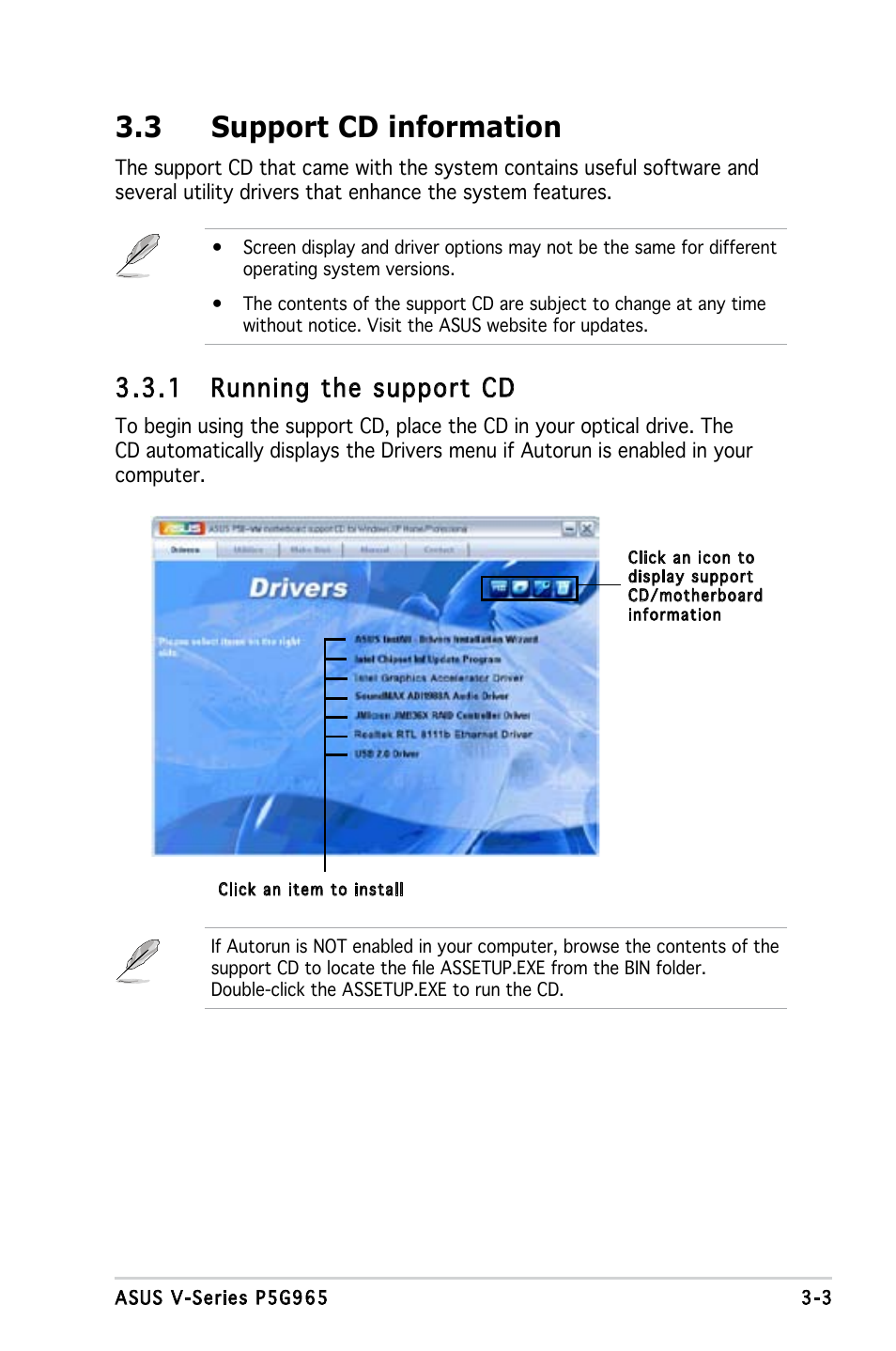 3 support cd information, 1 running the support cd | Asus V3-P5G965 User Manual | Page 43 / 100