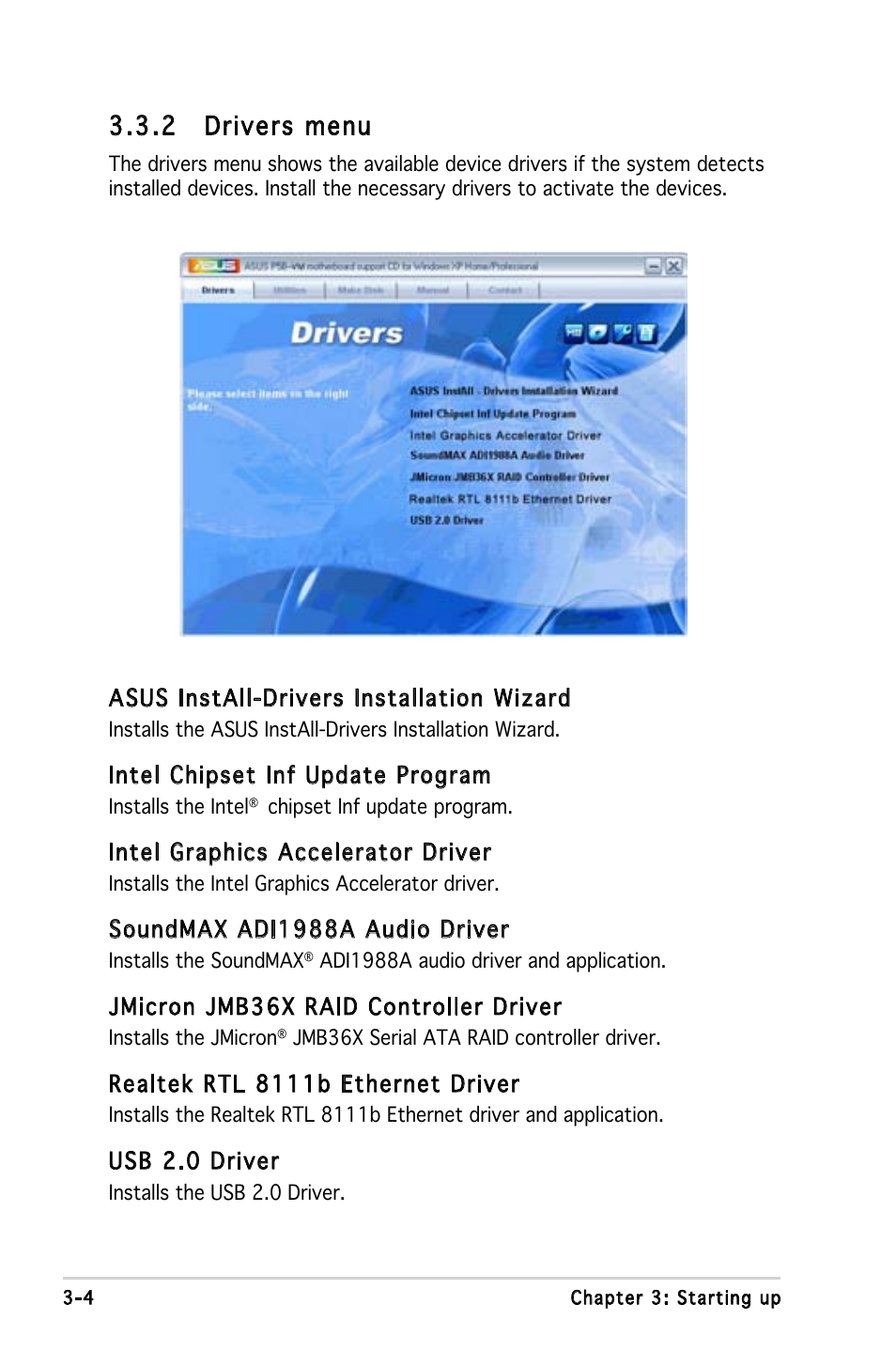 2 drivers menu | Asus V3-P5G965 User Manual | Page 44 / 100