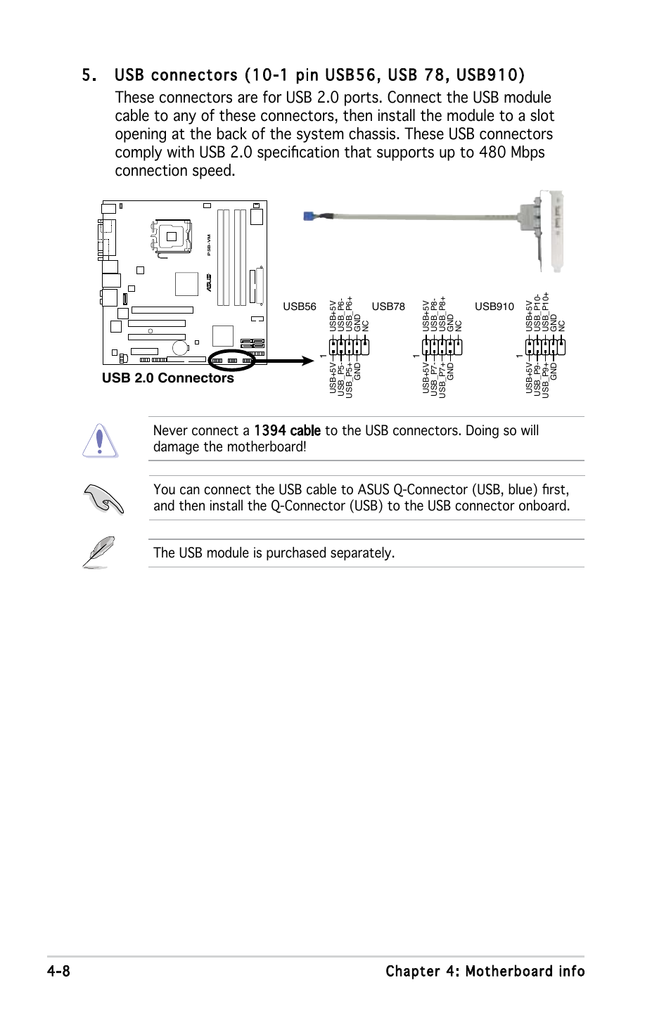 Usb 2.0 connectors | Asus V3-P5G965 User Manual | Page 58 / 100