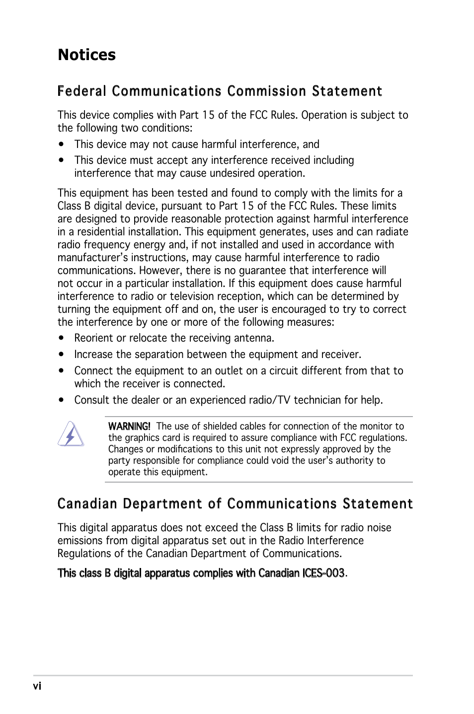 Notices, Federal communications commission statement, Canadian department of communications statement | Asus V3-P5G965 User Manual | Page 6 / 100