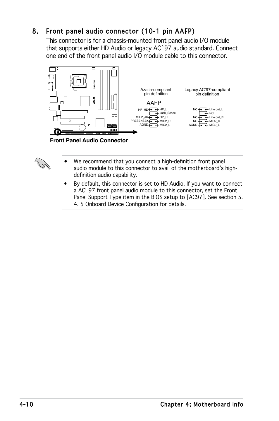 10 chapter 4: motherboard info, Front panel audio connector, Aafp | Asus V3-P5G965 User Manual | Page 60 / 100