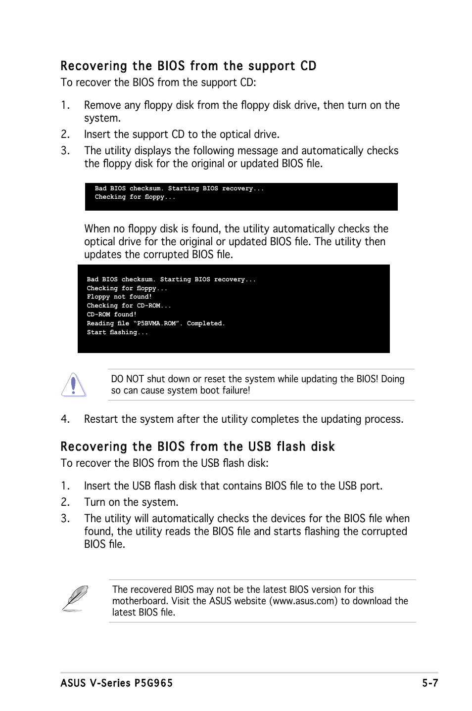 Recovering the bios from the support cd, Recovering the bios from the usb flash disk | Asus V3-P5G965 User Manual | Page 71 / 100