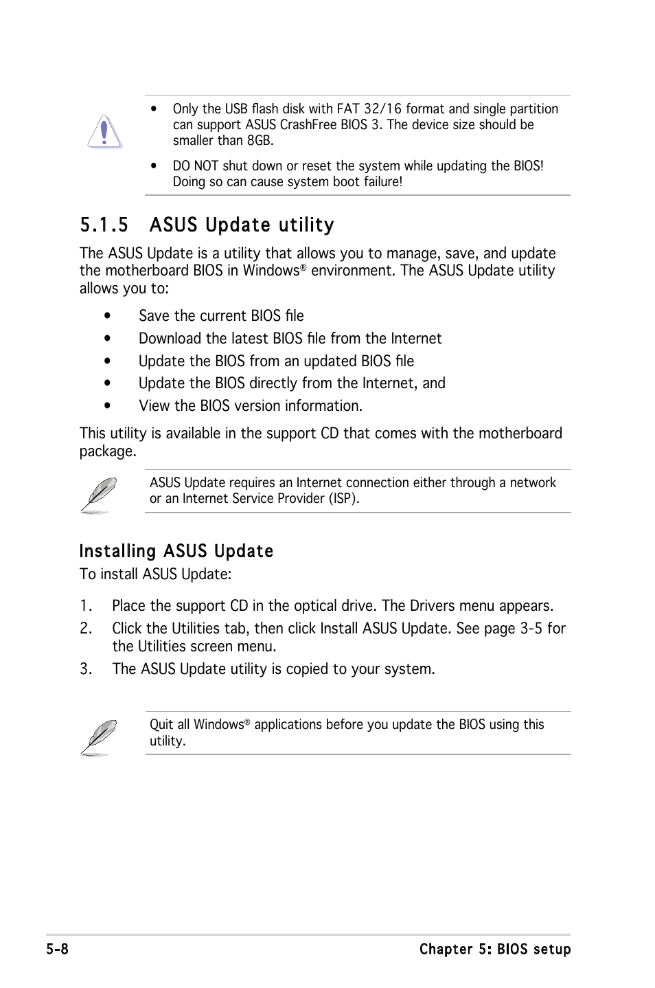 5 asus update utility, Installing asus update | Asus V3-P5G965 User Manual | Page 72 / 100