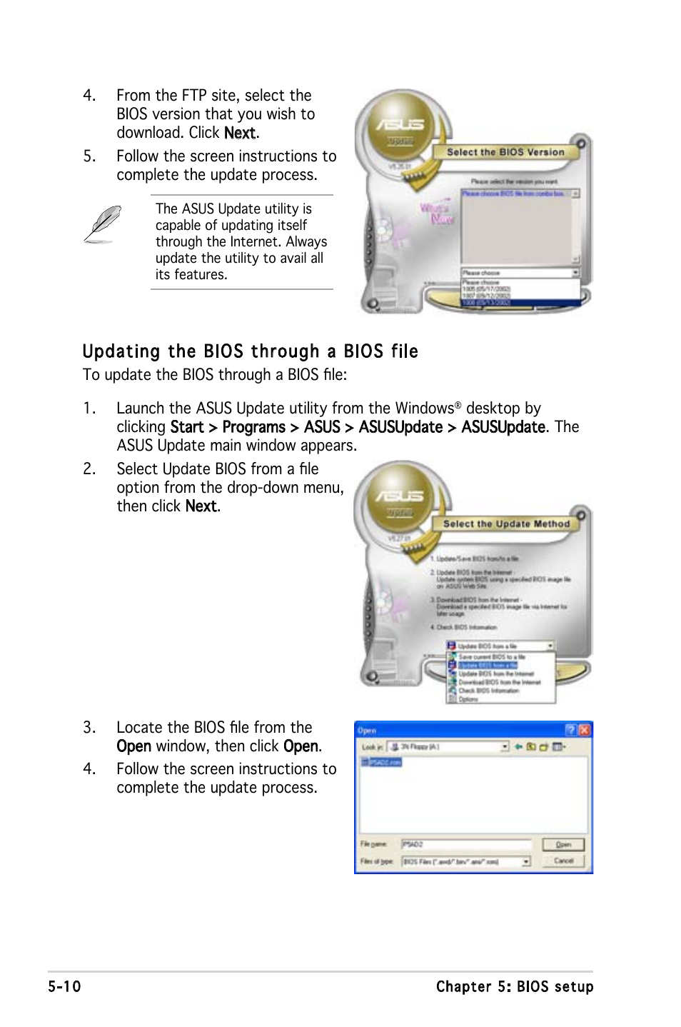 Updating the bios through a bios file | Asus V3-P5G965 User Manual | Page 74 / 100