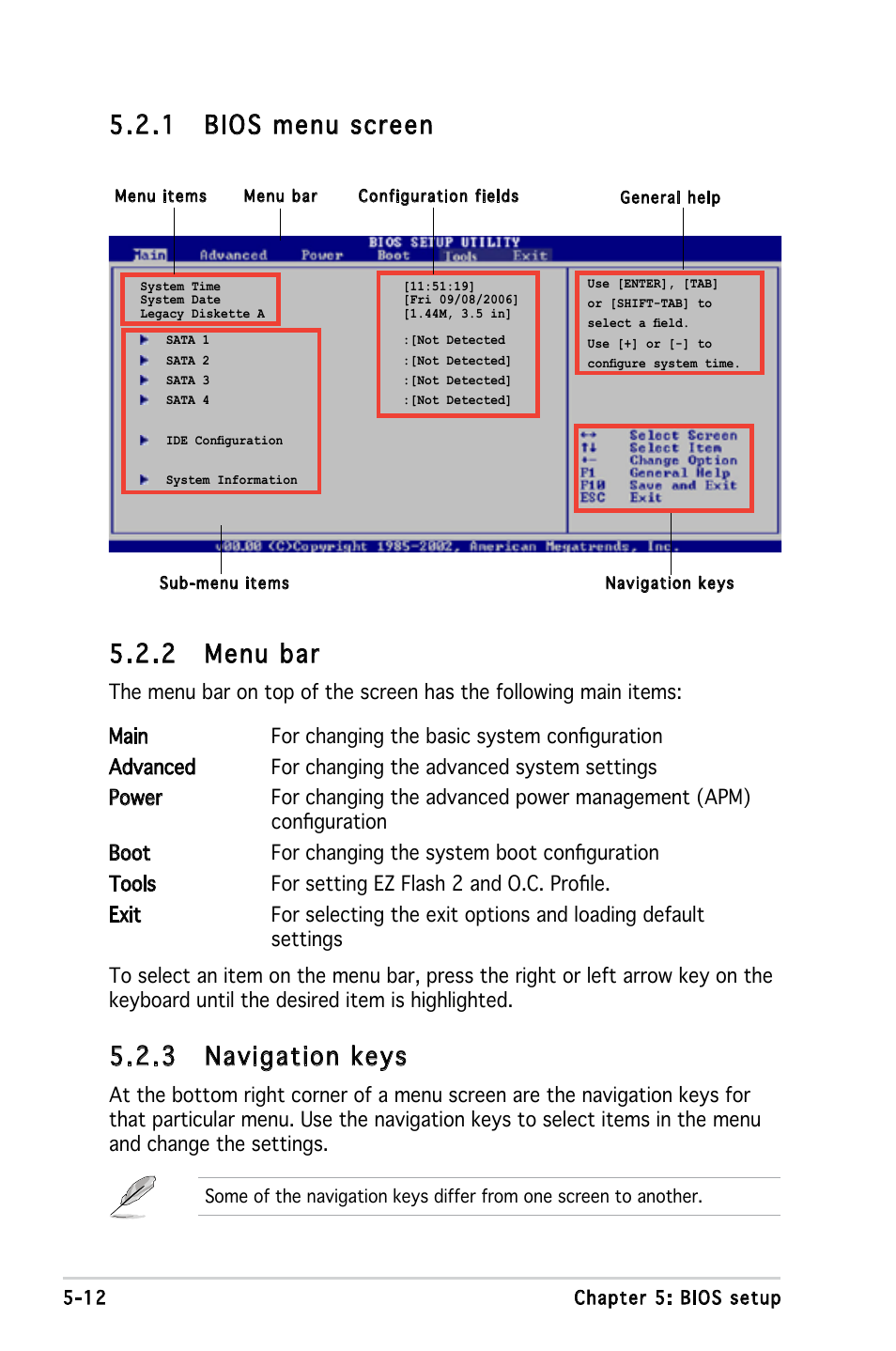 2 menu bar, 1 bios menu screen, 3 navigation keys | Asus V3-P5G965 User Manual | Page 76 / 100