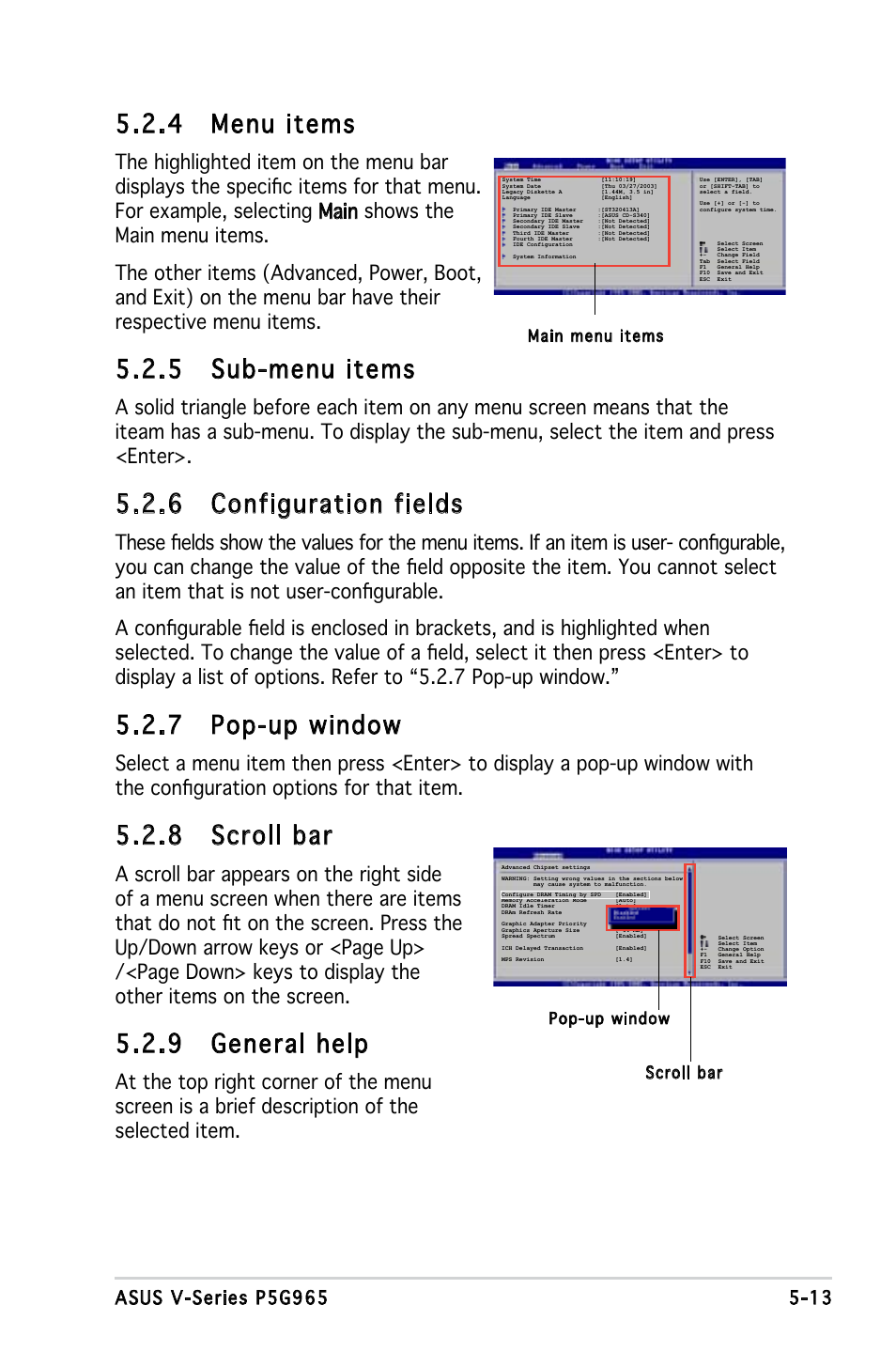 4 menu items, 5 sub-menu items, 6 configuration fields | 7 pop-up window, 8 scroll bar, 9 general help | Asus V3-P5G965 User Manual | Page 77 / 100