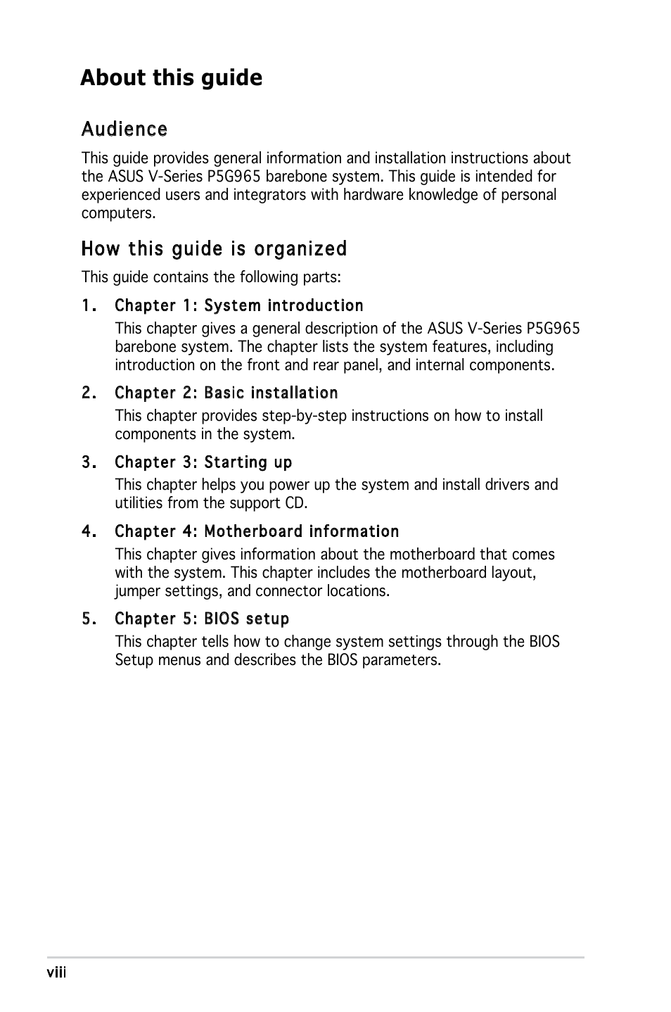 About this guide, Audience, How this guide is organized | Asus V3-P5G965 User Manual | Page 8 / 100