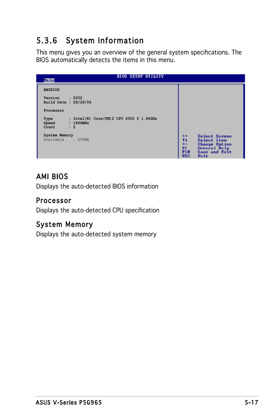 6 system information, Ami bios, Processor | Asus V3-P5G965 User Manual | Page 81 / 100