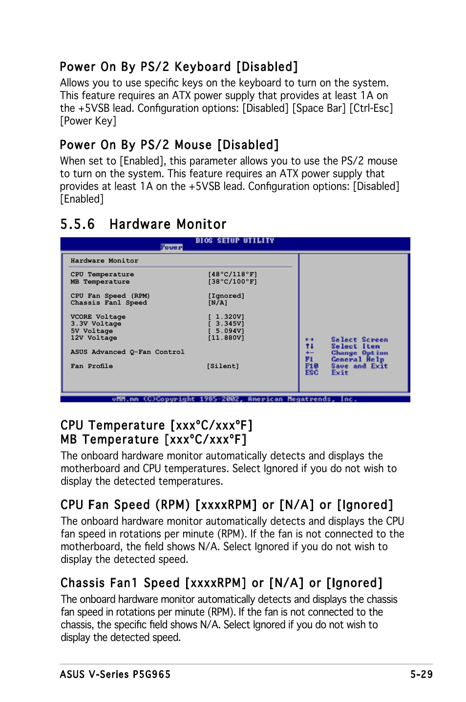 6 hardware monitor, Power on by ps/2 keyboard [disabled, Power on by ps/2 mouse [disabled | Asus V3-P5G965 User Manual | Page 93 / 100