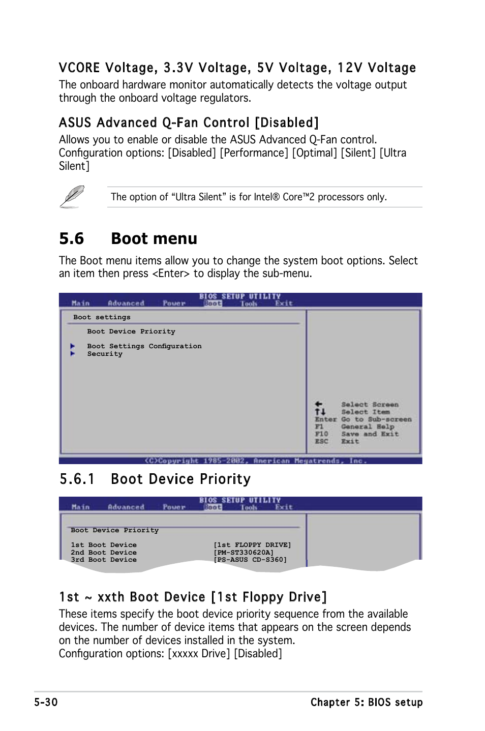 6 boot menu, 1 boot device priority, Asus advanced q-fan control [disabled | 1st ~ xxth boot device [1st floppy drive | Asus V3-P5G965 User Manual | Page 94 / 100