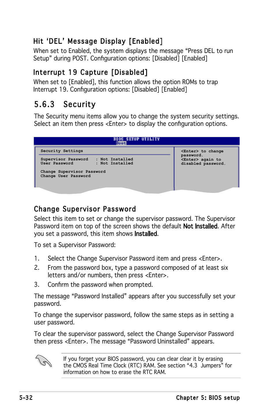 3 security, Hit ‘del’ message display [enabled, Interrupt 19 capture [disabled | Change supervisor password | Asus V3-P5G965 User Manual | Page 96 / 100