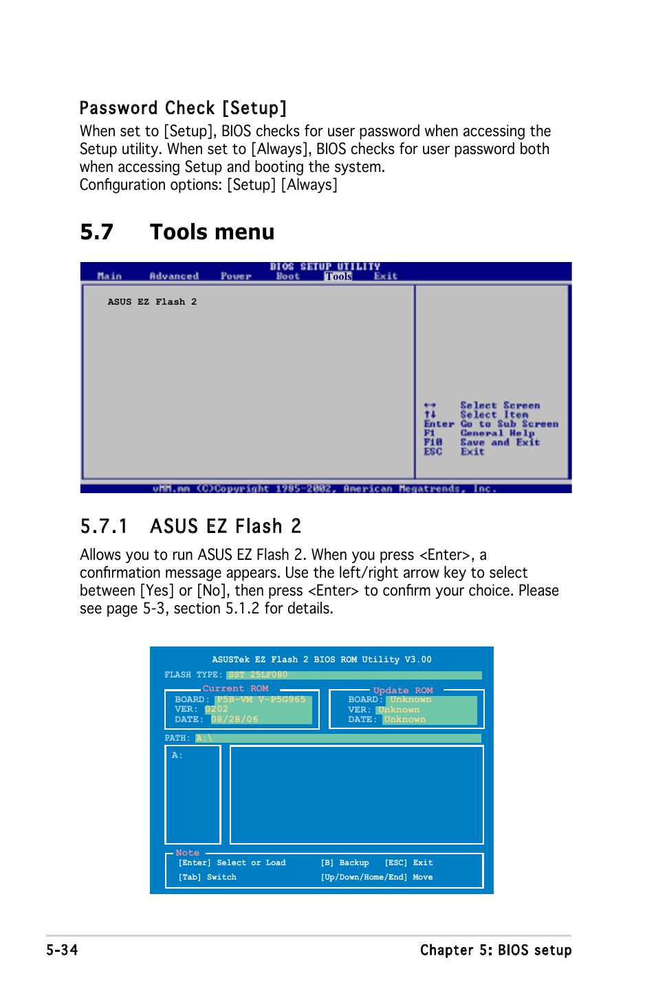 7 tools menu, 1 asus ez flash 2, Password check [setup | Asus V3-P5G965 User Manual | Page 98 / 100