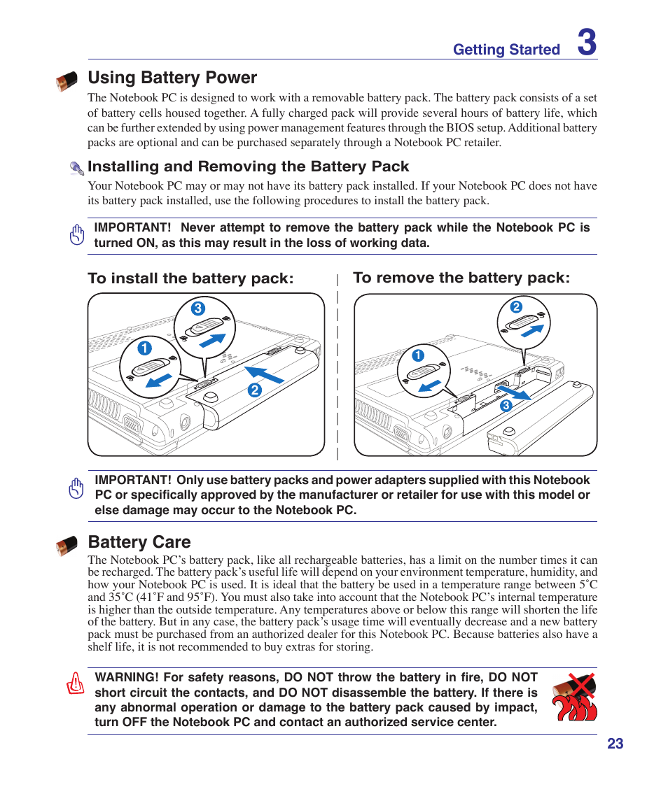 Using battery power, Battery care | Asus Z37S User Manual | Page 23 / 80