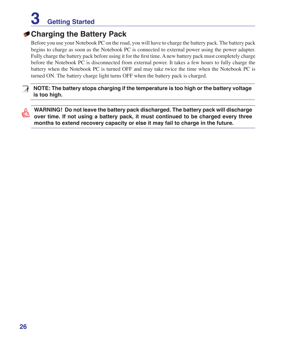 Charging the battery pack | Asus Z37S User Manual | Page 26 / 80