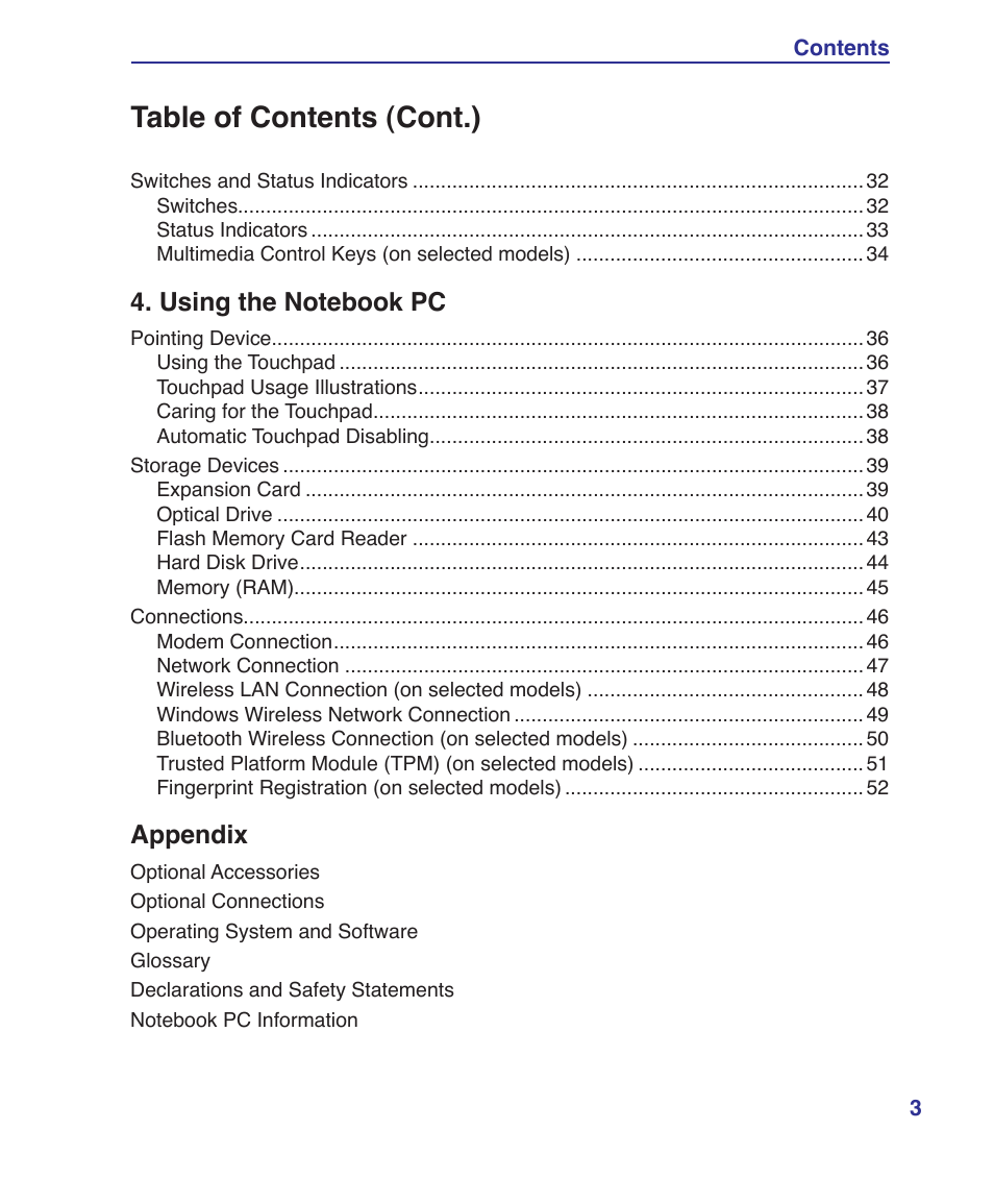 Table of contents (cont.), Appendix | Asus Z37S User Manual | Page 3 / 80