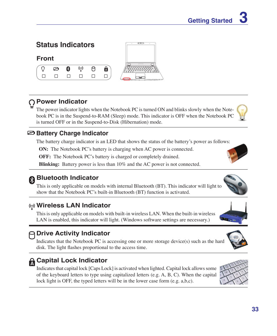 Status indicators | Asus Z37S User Manual | Page 33 / 80