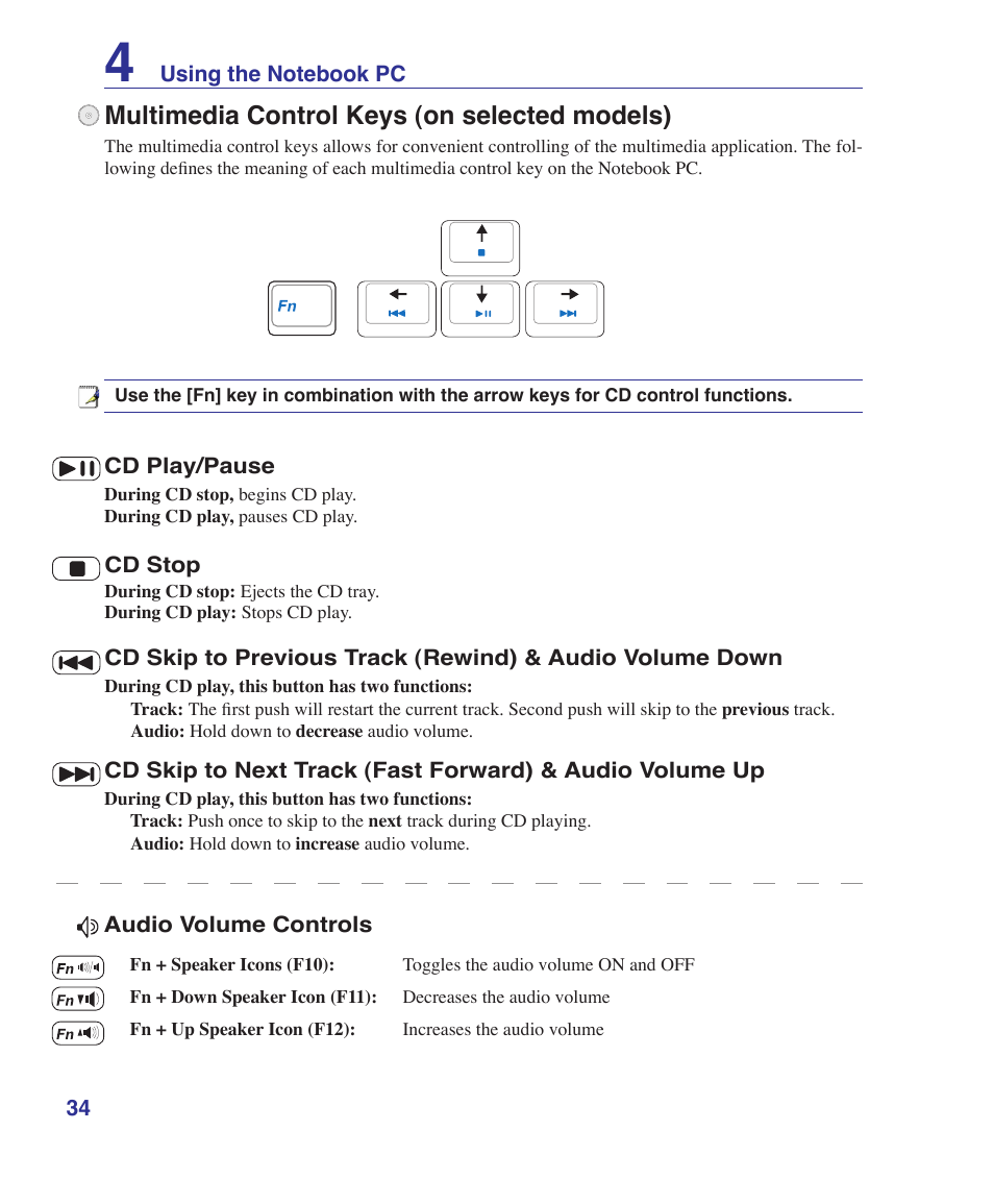 Multimedia control keys (on selected models) | Asus Z37S User Manual | Page 34 / 80