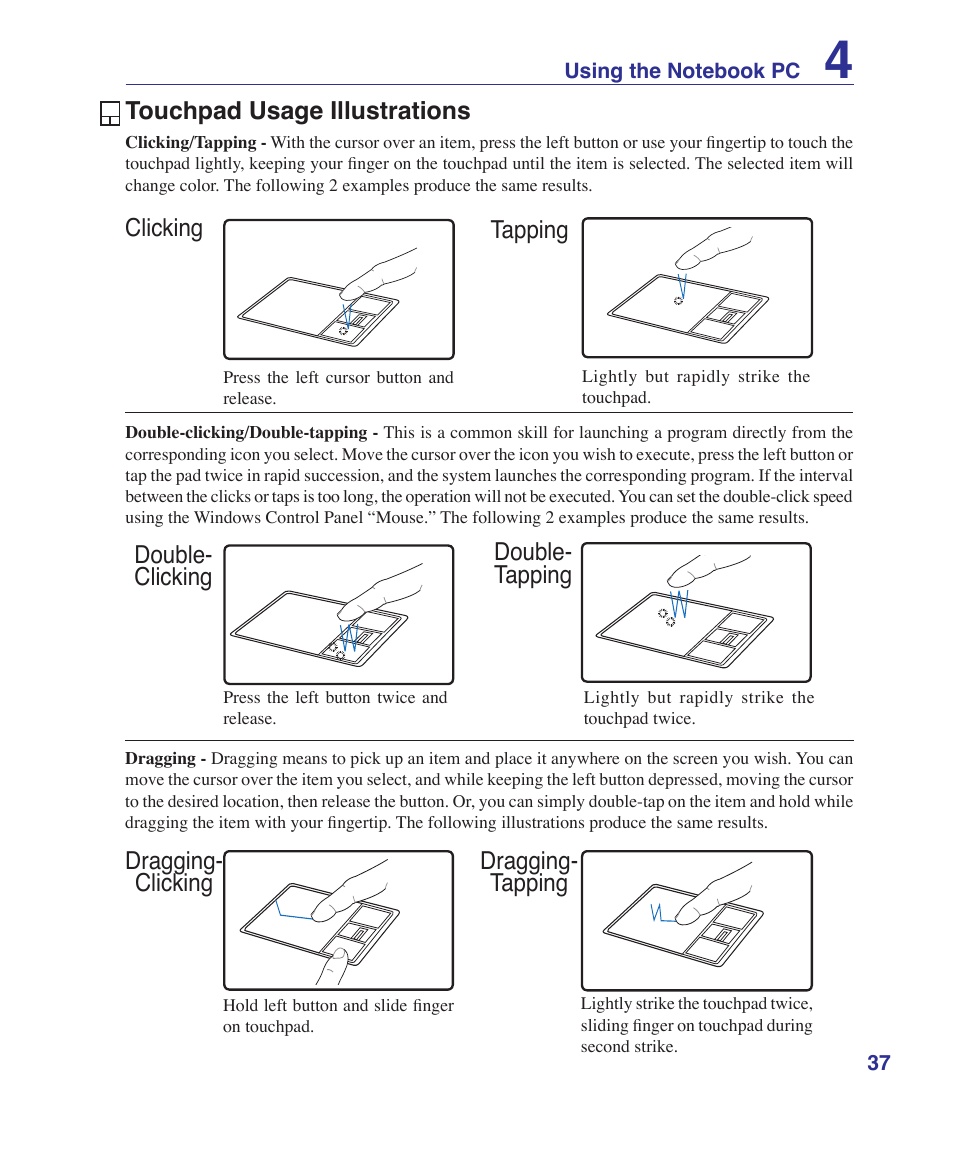 Touchpad usage illustrations, Dragging- clicking dragging- tapping | Asus Z37S User Manual | Page 37 / 80