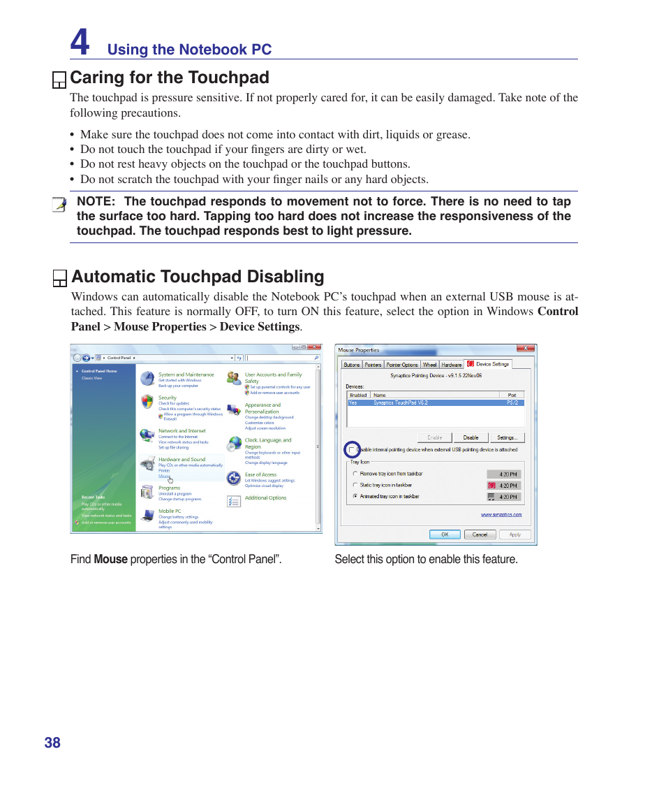 Caring for the touchpad, Automatic touchpad disabling | Asus Z37S User Manual | Page 38 / 80