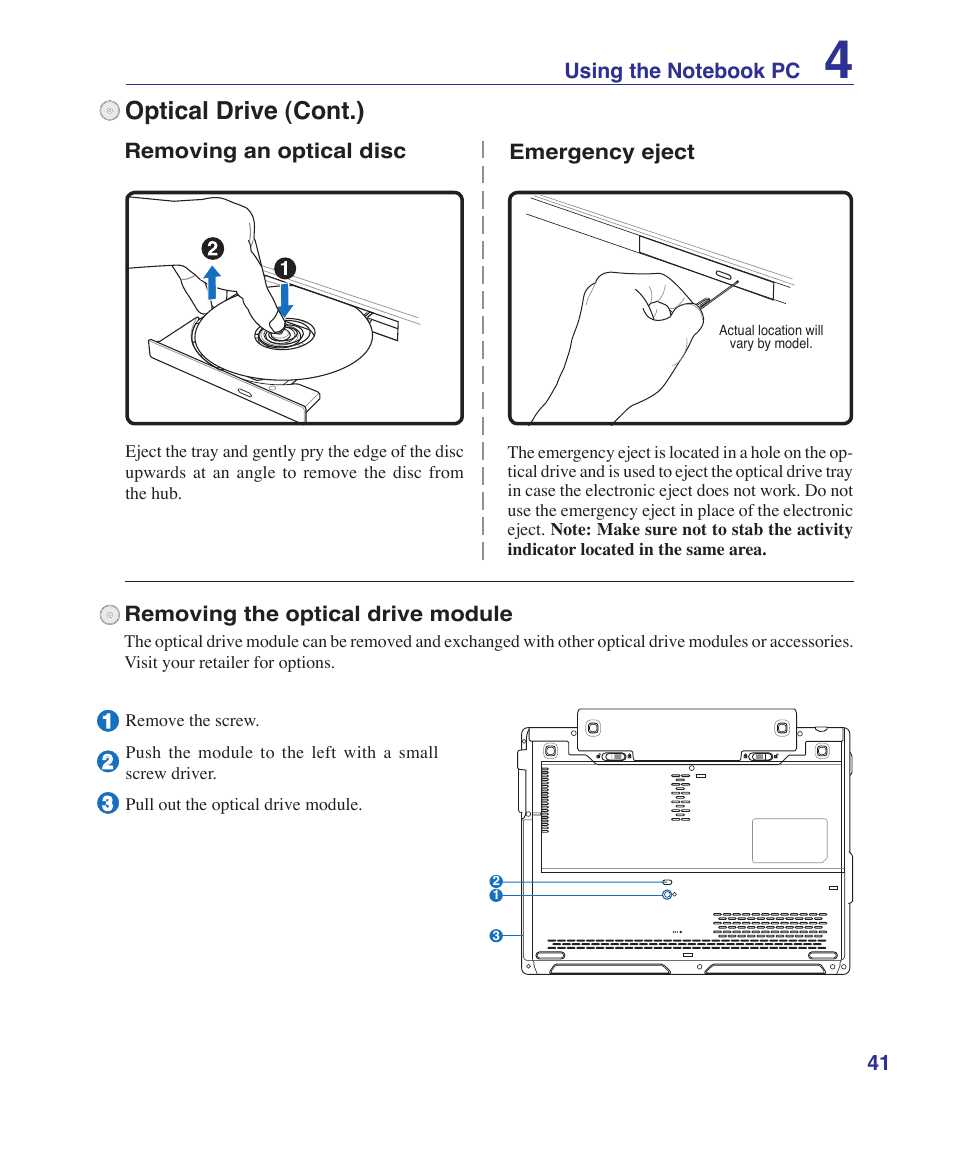 Optical drive (cont.) | Asus Z37S User Manual | Page 41 / 80