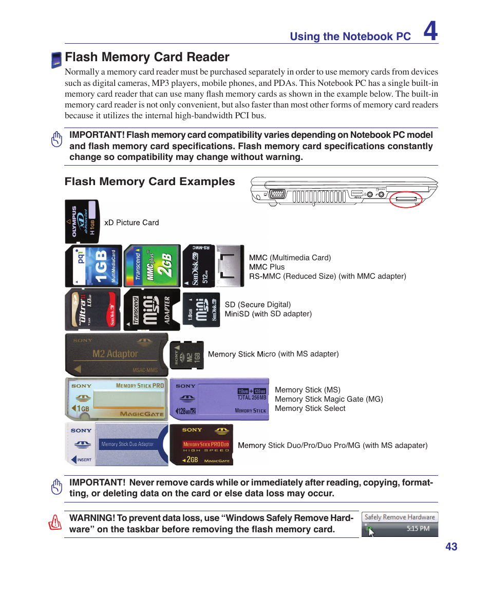 Flash memory card reader | Asus Z37S User Manual | Page 43 / 80