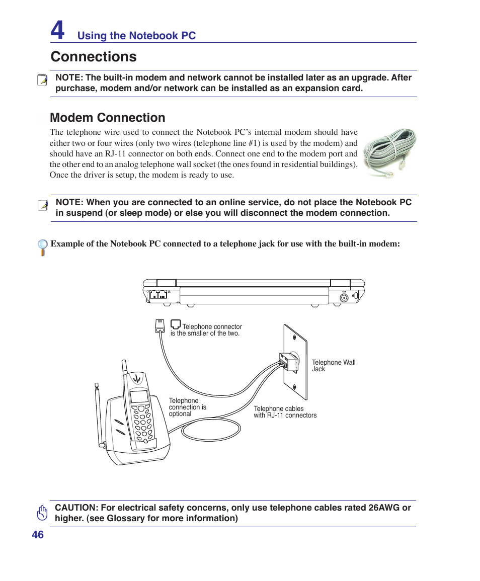 Connections, Modem connection | Asus Z37S User Manual | Page 46 / 80