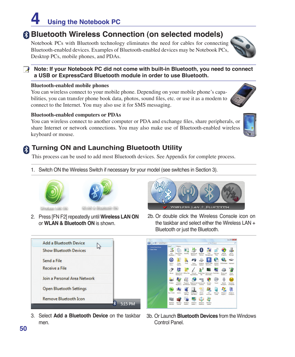 Bluetooth wireless connection (on selected models) | Asus Z37S User Manual | Page 50 / 80