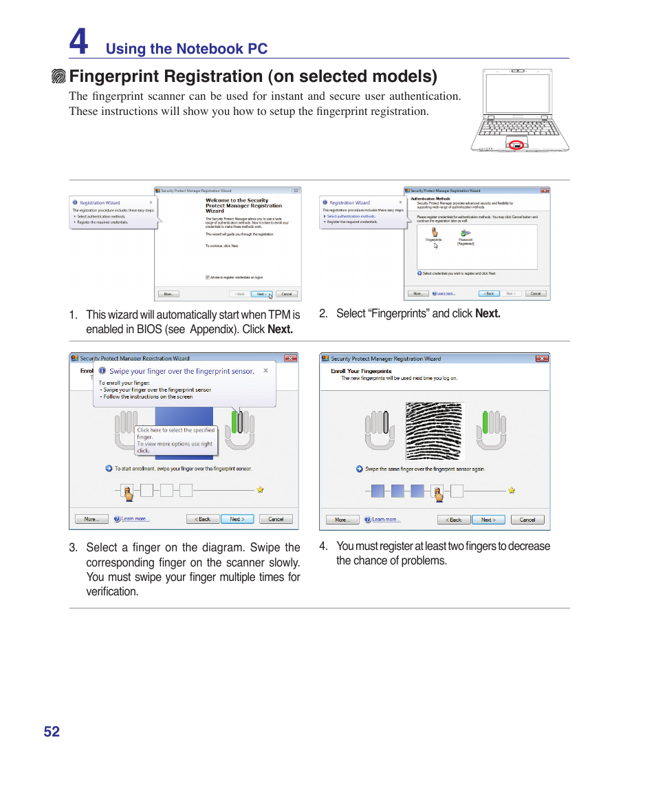 Fingerprint registration (on selected models) | Asus Z37S User Manual | Page 52 / 80