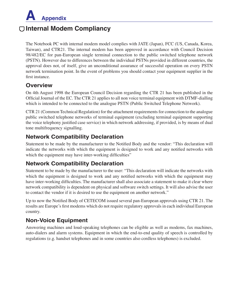 Internal modem compliancy | Asus Z37S User Manual | Page 70 / 80