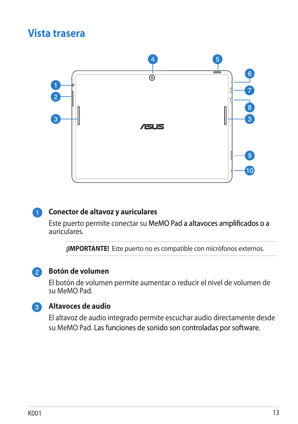 Vista trasera | Asus MeMO Pad Smart 10 User Manual | Page 13 / 90