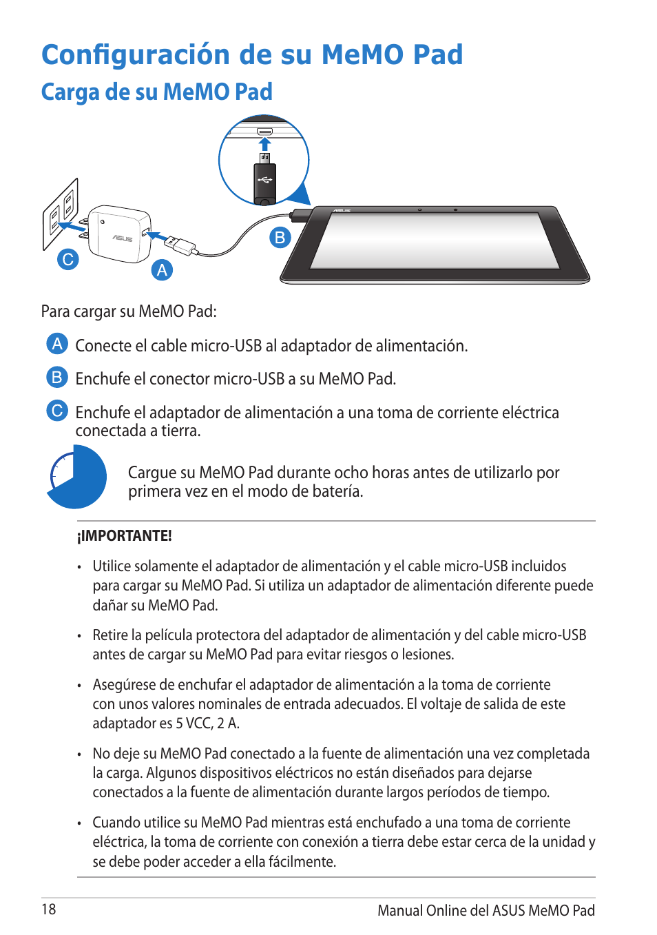 Configuración de su memo pad, Carga de su memo pad | Asus MeMO Pad Smart 10 User Manual | Page 18 / 90