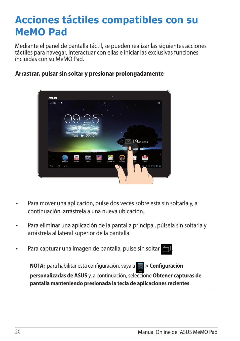 Acciones táctiles compatibles con su memo pad | Asus MeMO Pad Smart 10 User Manual | Page 20 / 90