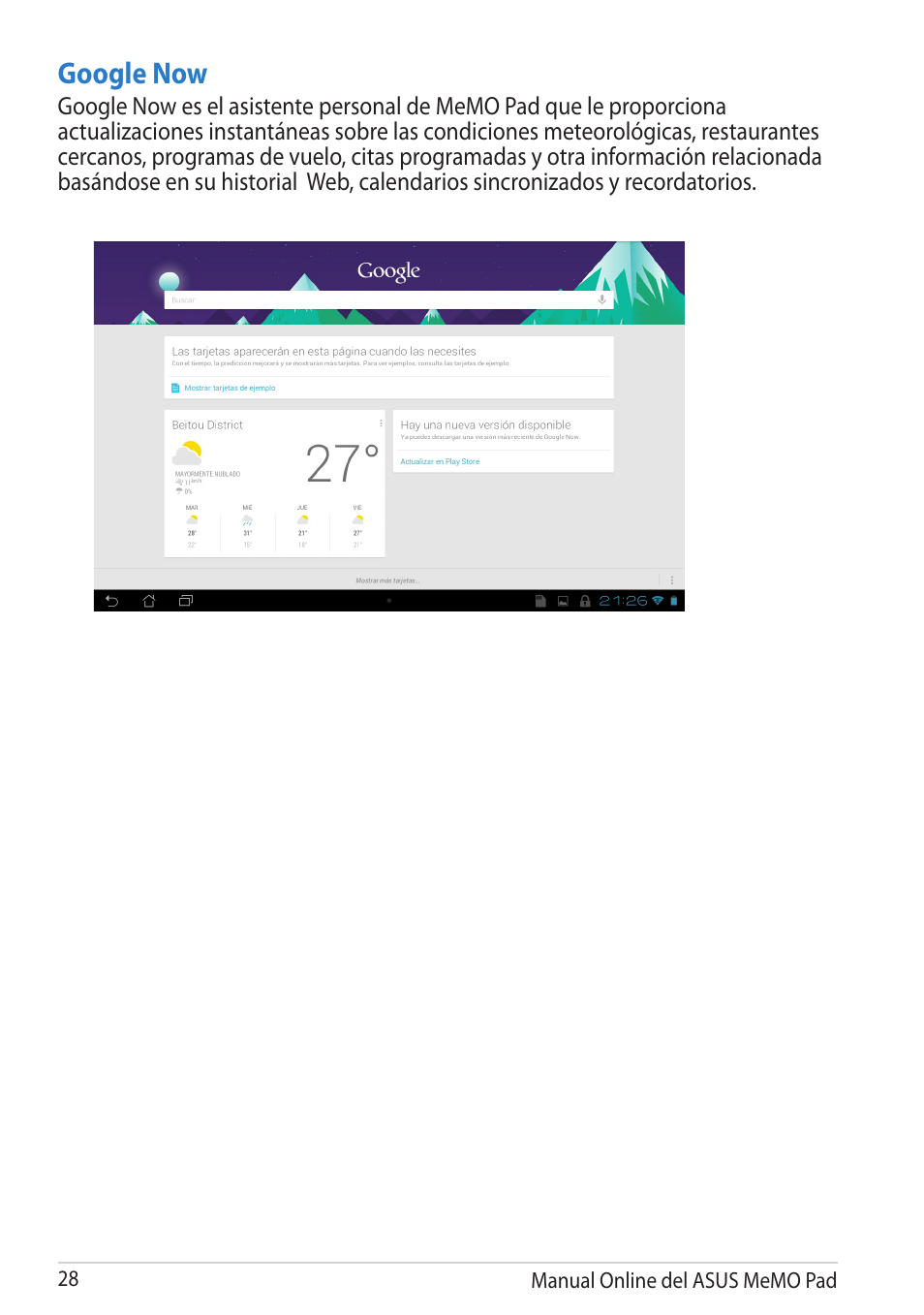 Google now | Asus MeMO Pad Smart 10 User Manual | Page 28 / 90