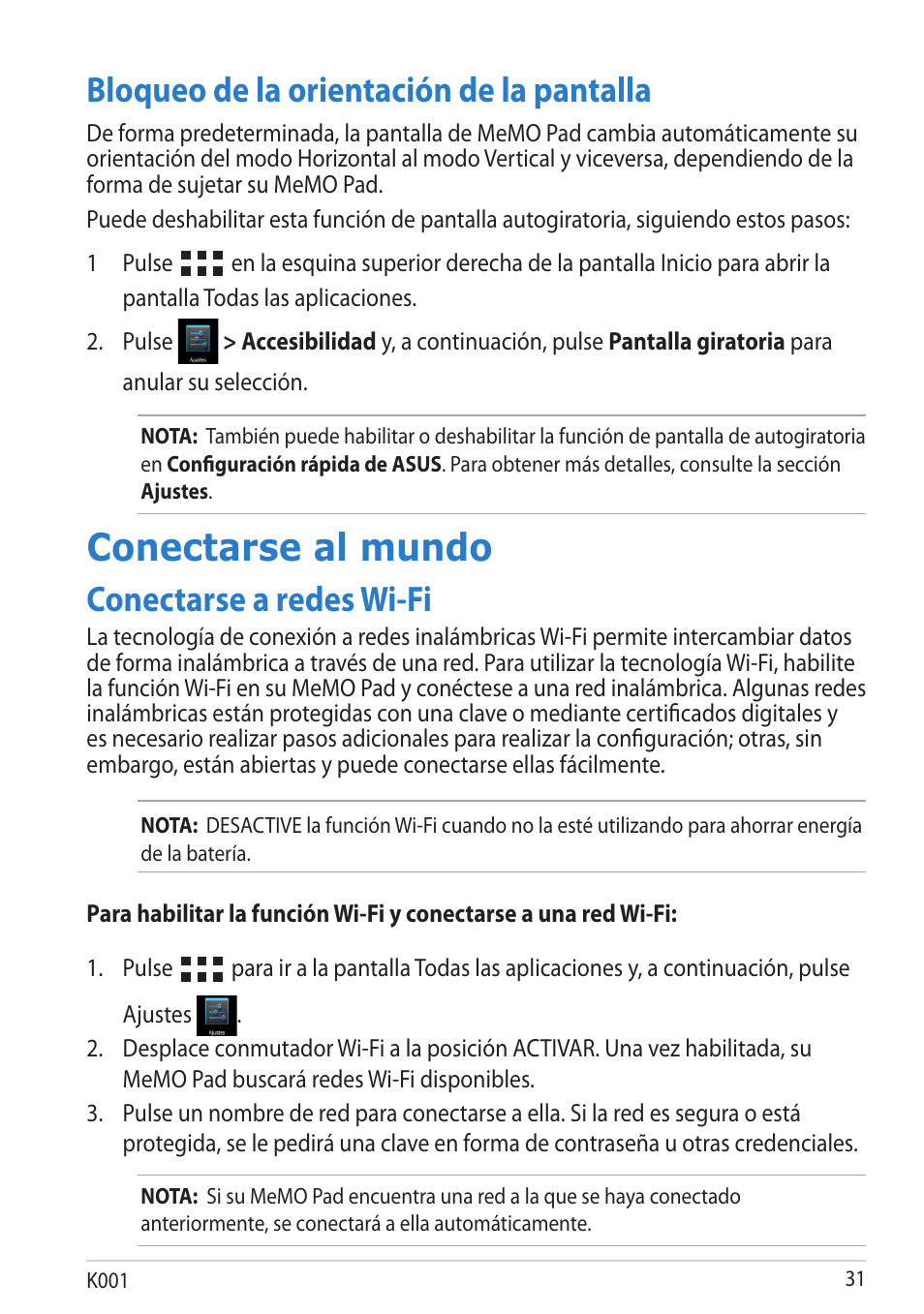 Bloqueo de la orientación de la pantalla, Conectarse al mundo, Conectarse a redes wi-fi | Asus MeMO Pad Smart 10 User Manual | Page 31 / 90