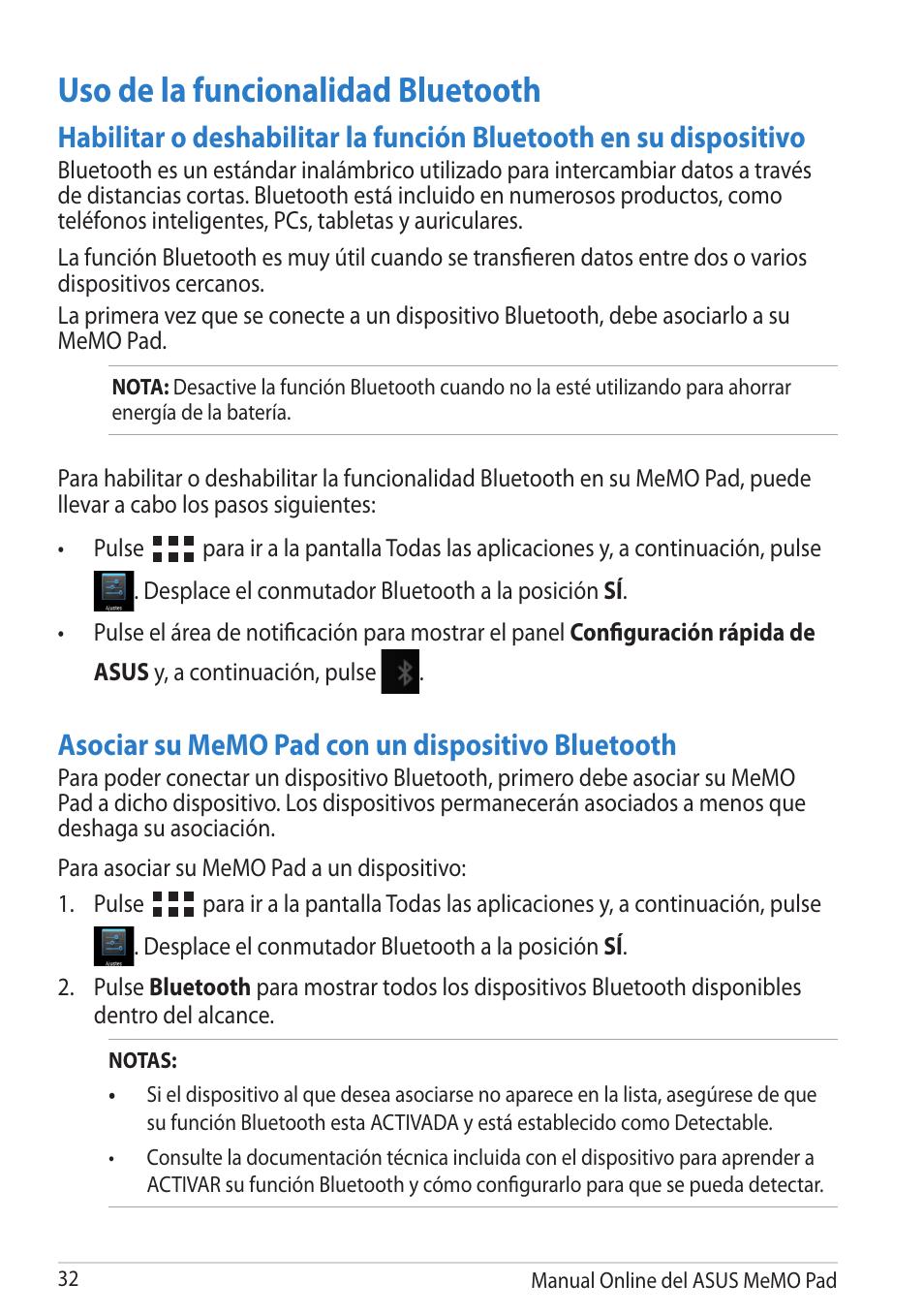 Uso de la funcionalidad bluetooth | Asus MeMO Pad Smart 10 User Manual | Page 32 / 90