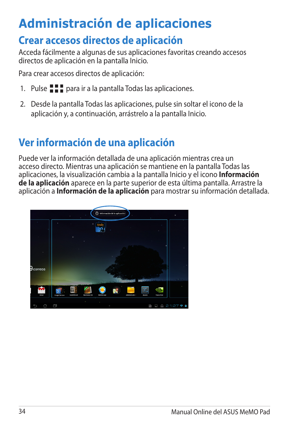 Administración de aplicaciones, Crear accesos directos de aplicación, Ver información de una aplicación | Asus MeMO Pad Smart 10 User Manual | Page 34 / 90