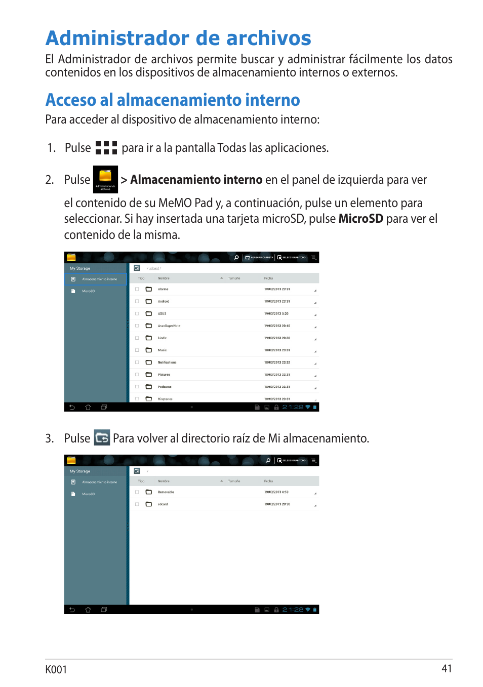 Administrador de archivos, Acceso al almacenamiento interno, K001 1 | Asus MeMO Pad Smart 10 User Manual | Page 41 / 90