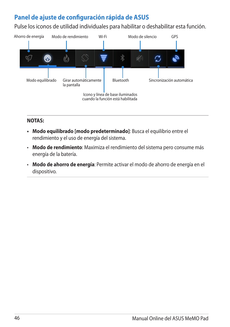 Panel de ajuste de configuración rápida de asus | Asus MeMO Pad Smart 10 User Manual | Page 46 / 90