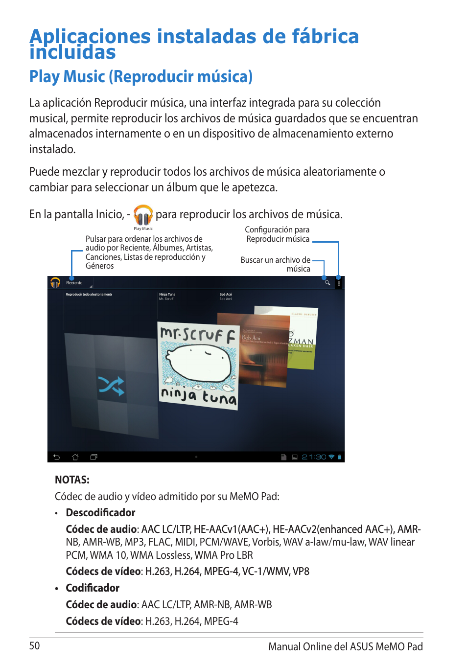 Aplicaciones instaladas de fábrica incluidas, Play music (reproducir música), Para reproducir los archivos de música | Asus MeMO Pad Smart 10 User Manual | Page 50 / 90