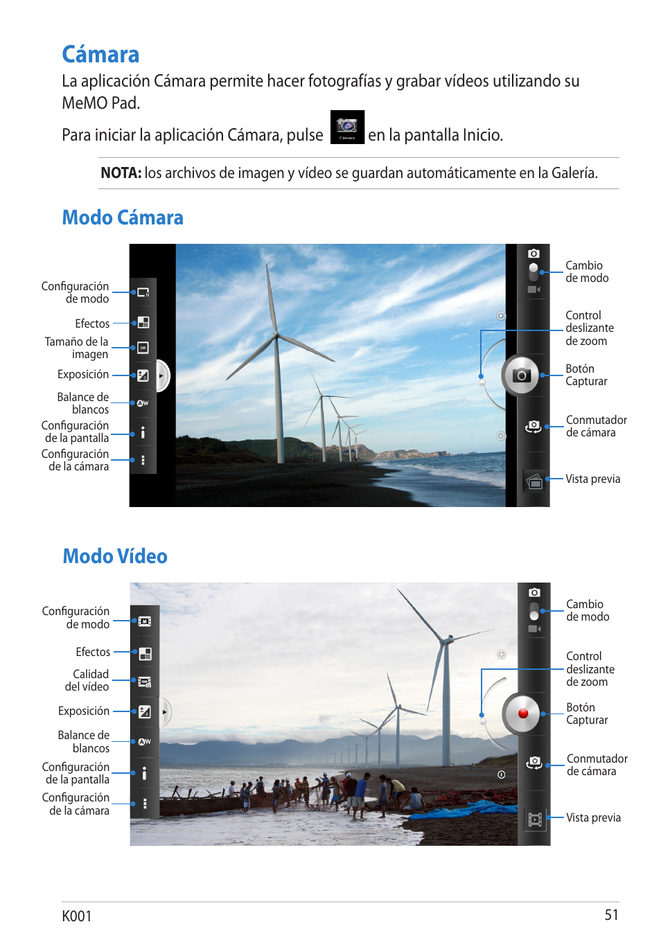 Cámara, Modo cámara, Modo vídeo | Asus MeMO Pad Smart 10 User Manual | Page 51 / 90