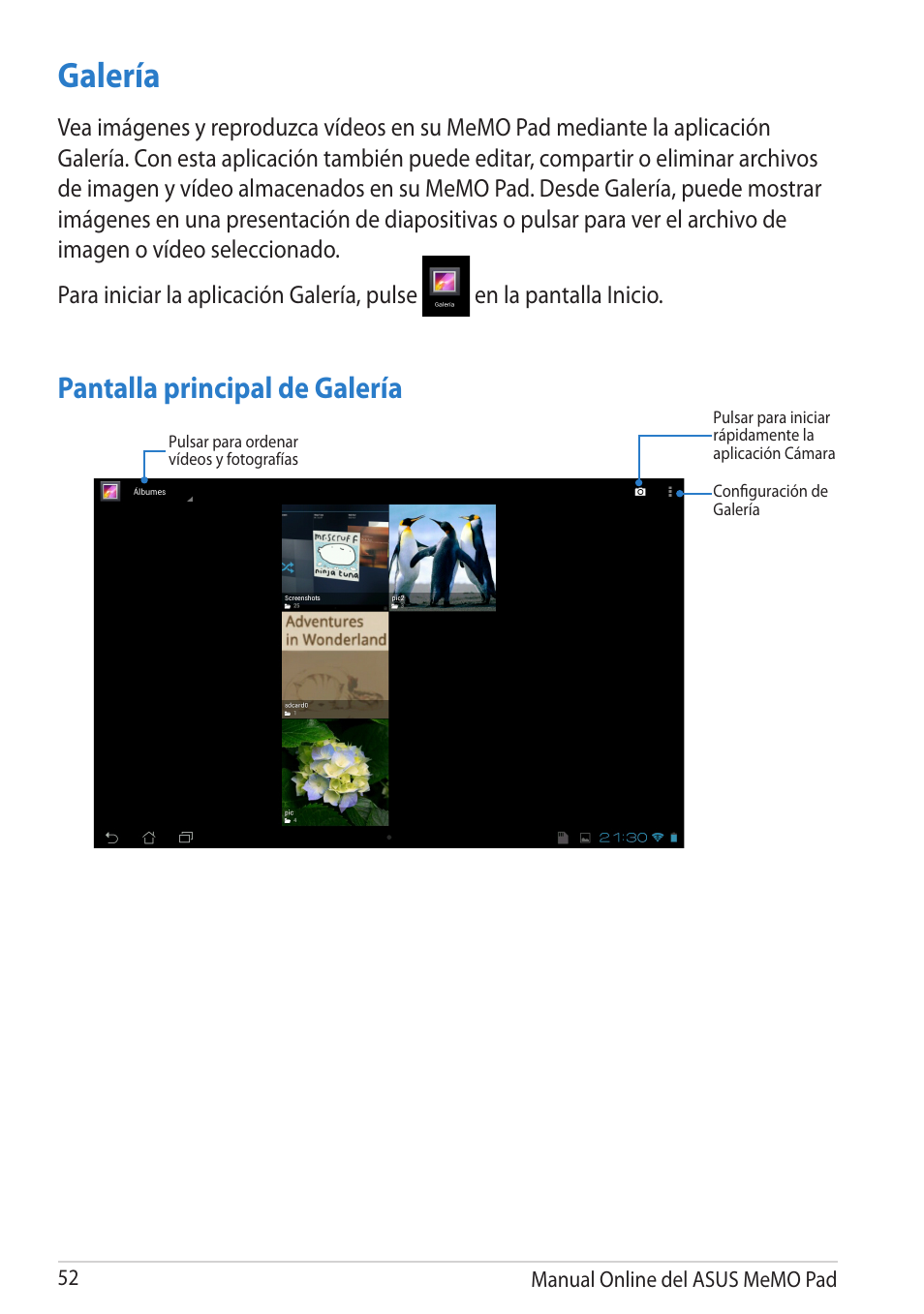 Galería, Pantalla principal de galería | Asus MeMO Pad Smart 10 User Manual | Page 52 / 90