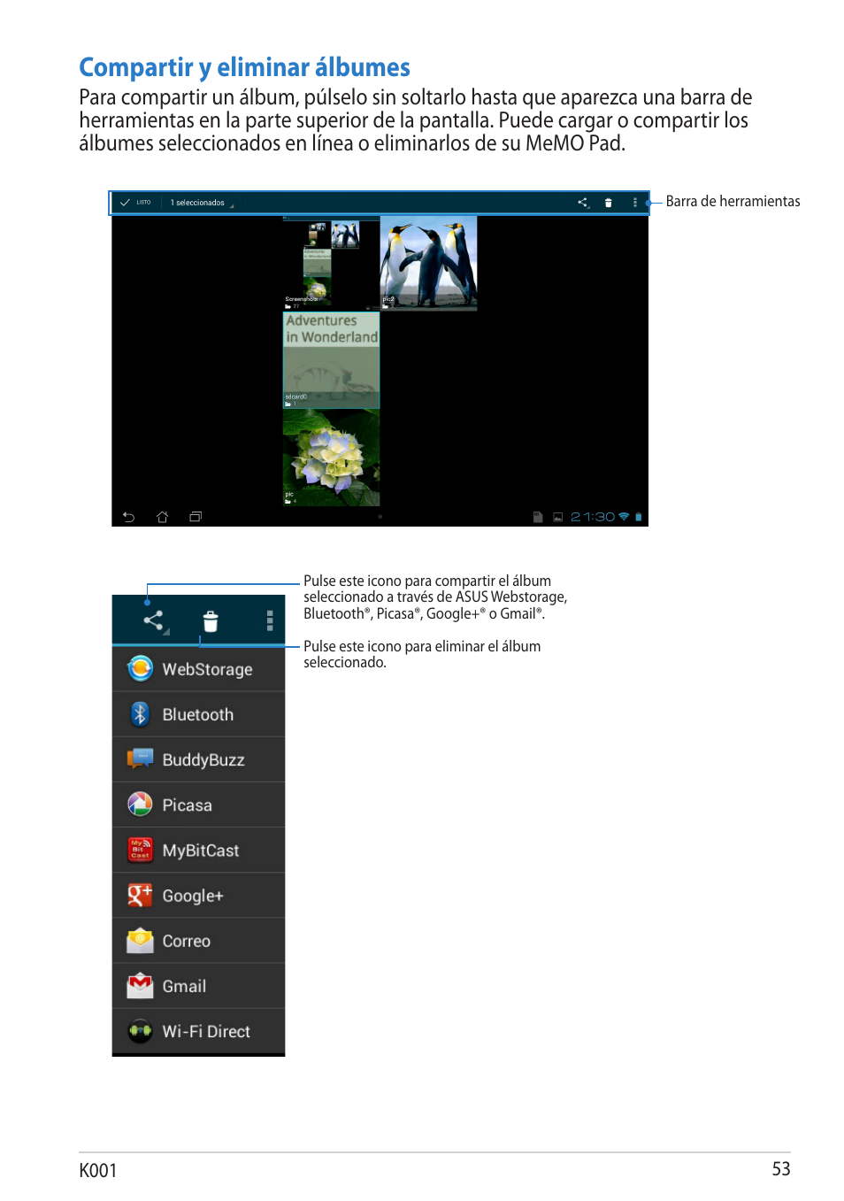 Compartir y eliminar álbumes | Asus MeMO Pad Smart 10 User Manual | Page 53 / 90