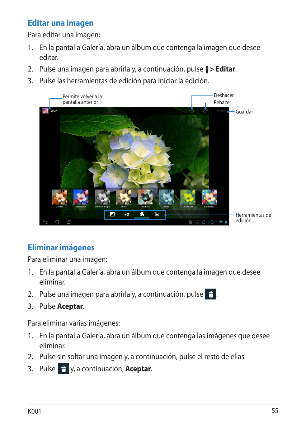 Editar una imagen, Eliminar imágenes, Y, a continuación, aceptar | Asus MeMO Pad Smart 10 User Manual | Page 55 / 90