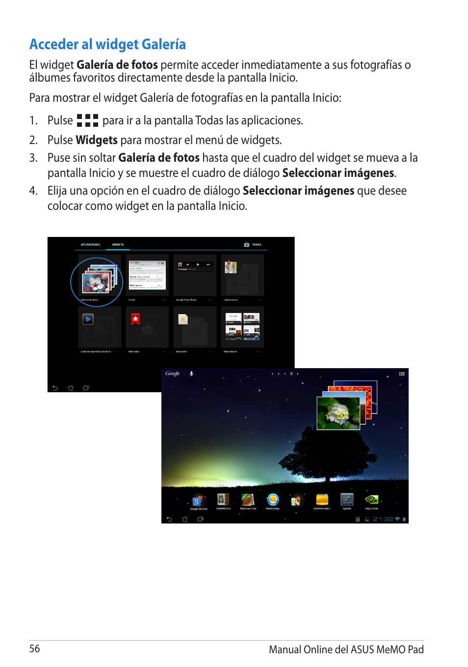 Acceder al widget galería | Asus MeMO Pad Smart 10 User Manual | Page 56 / 90